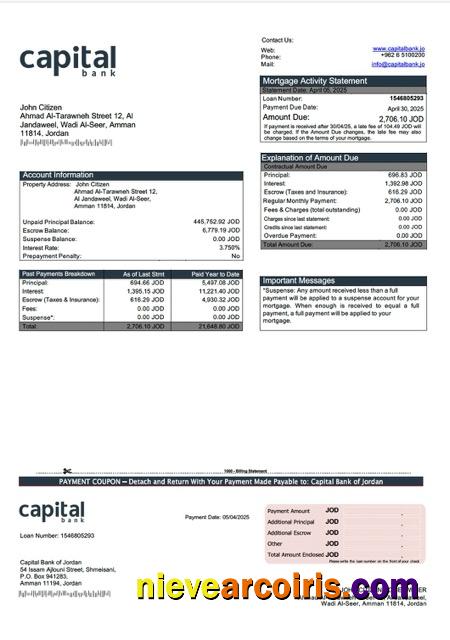 Jordan Capital Bank of Jordan mortgage statement Word and PDF template